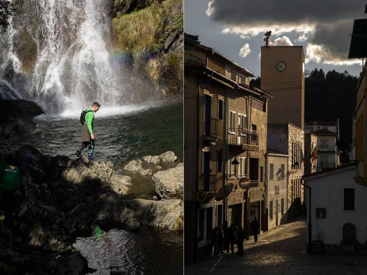 Cascada del Chorrituelo y el pueblo de Pinofranqueado.